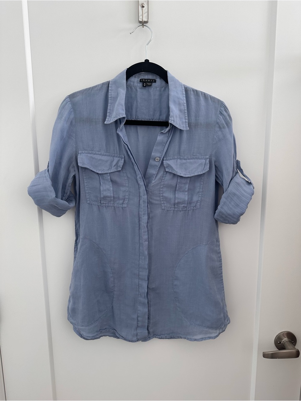 Theory Ramie Light Blue Button-Front Utility Shirt
